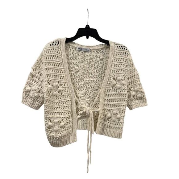 Zara Sweaters - NEW W/O Tags Zara Crochet Cream Short Sleeve Tie Front Cardigan Sweater Small